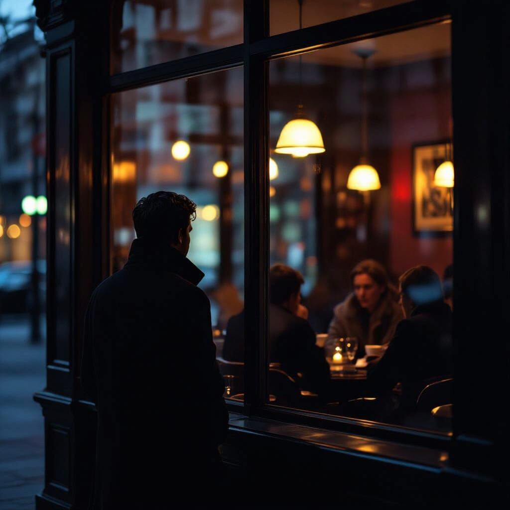 Figure Gazes Into Lit Cafe Window at Twilight
