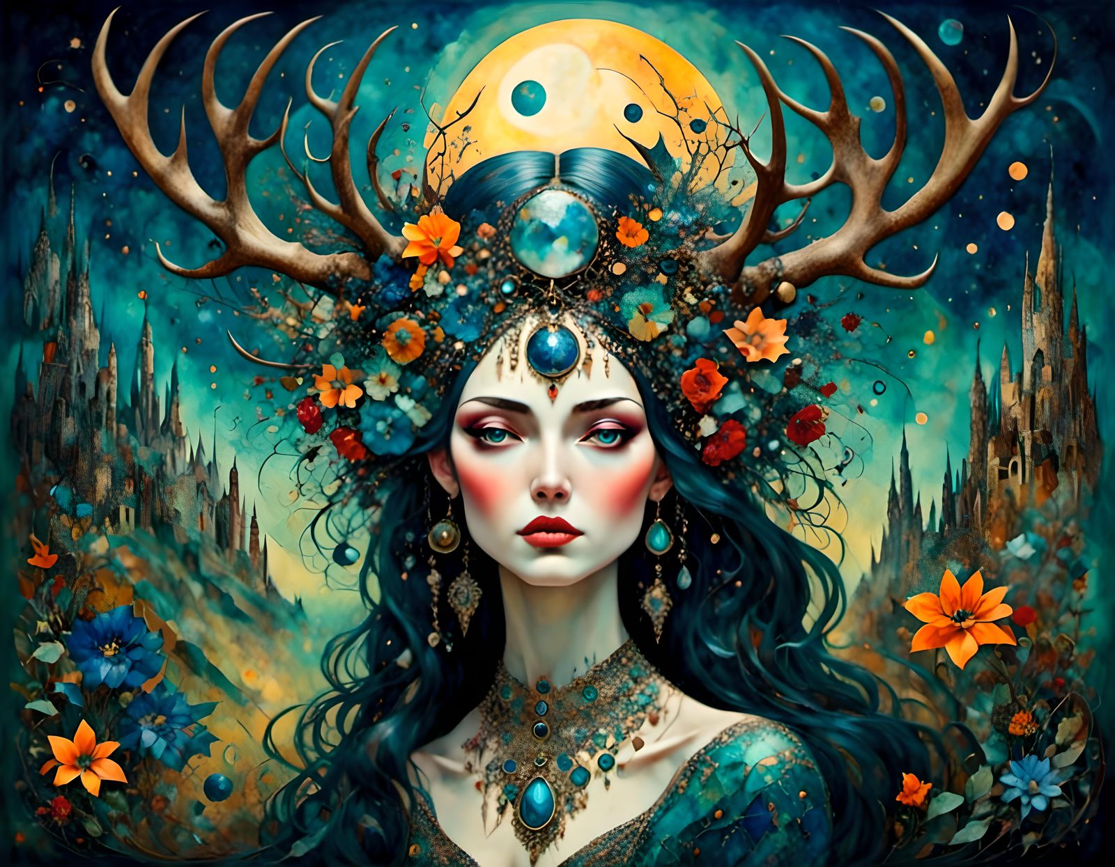 Antlered Sorceress in Psychedelic Alcohol Ink Style