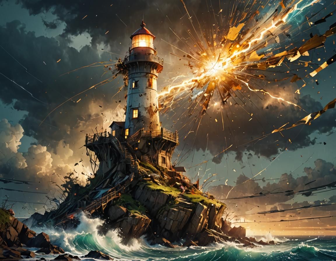 Golden Hour Lighthouse in Storm, 3D Render