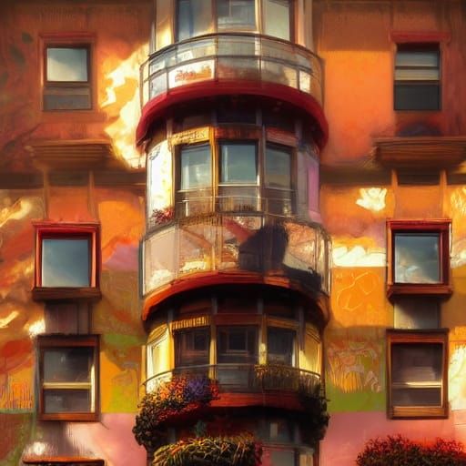 Cozy Row Houses in Summer Garden: Impressionist Painting