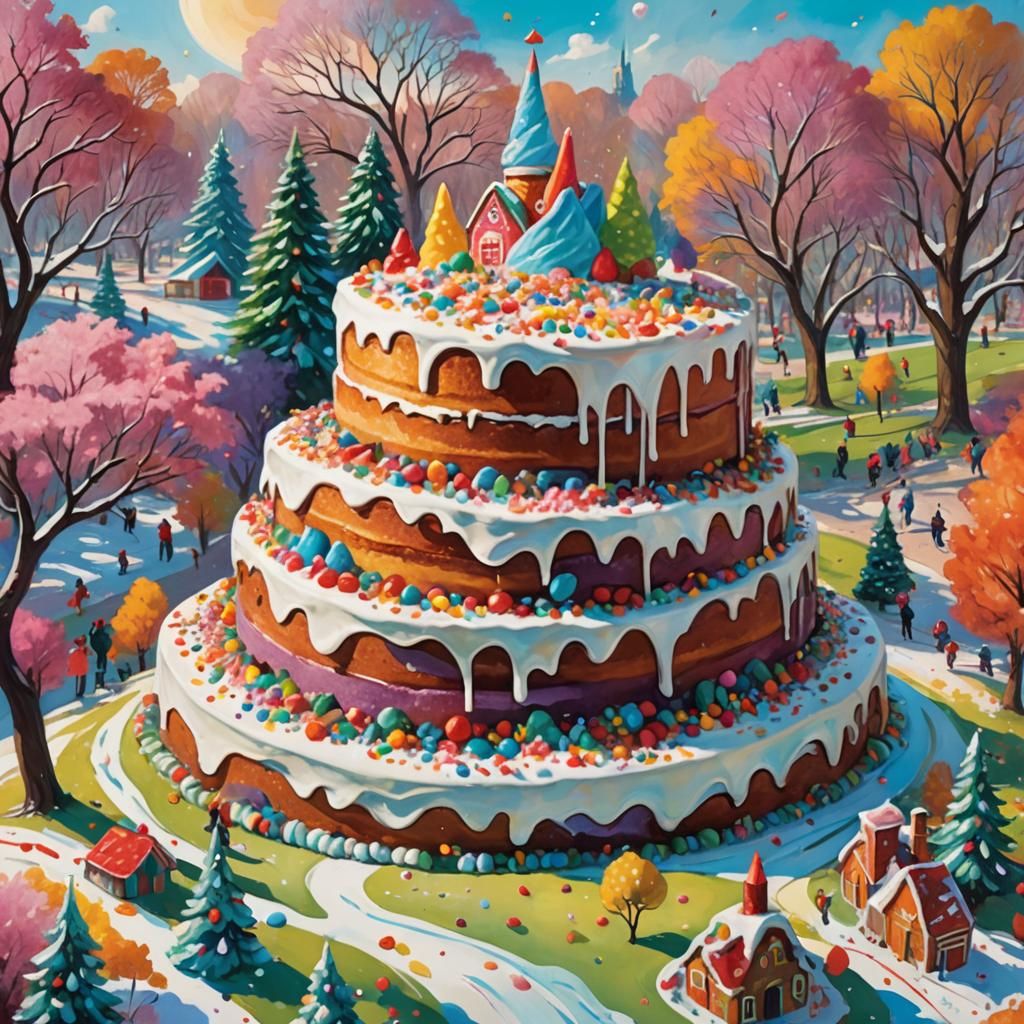 Cake Hill in Park, Whimsical Oil Painting