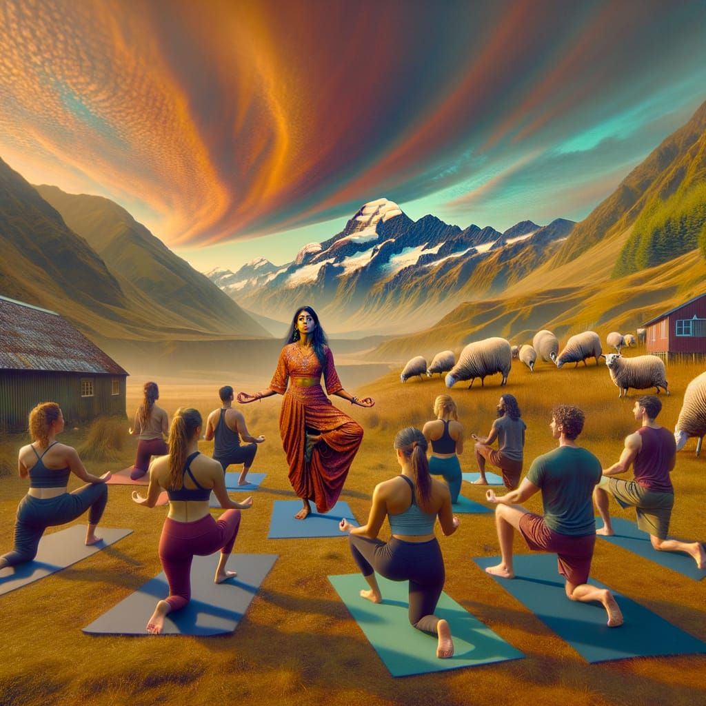 Tantric Yoga in New Zealand's Countryside, A Photograph-Like...