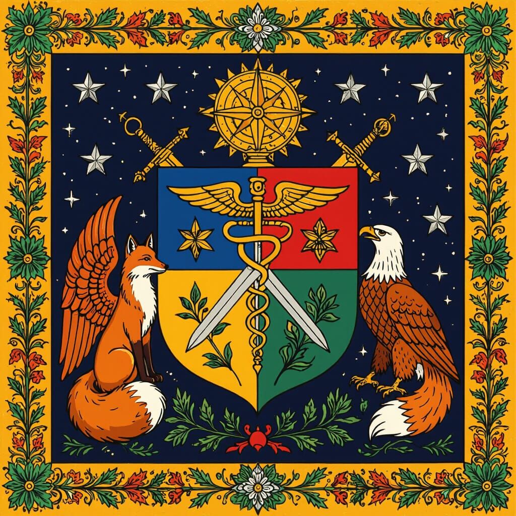 Heraldic Shield with Cunning Fox and Ambitious Eagle
