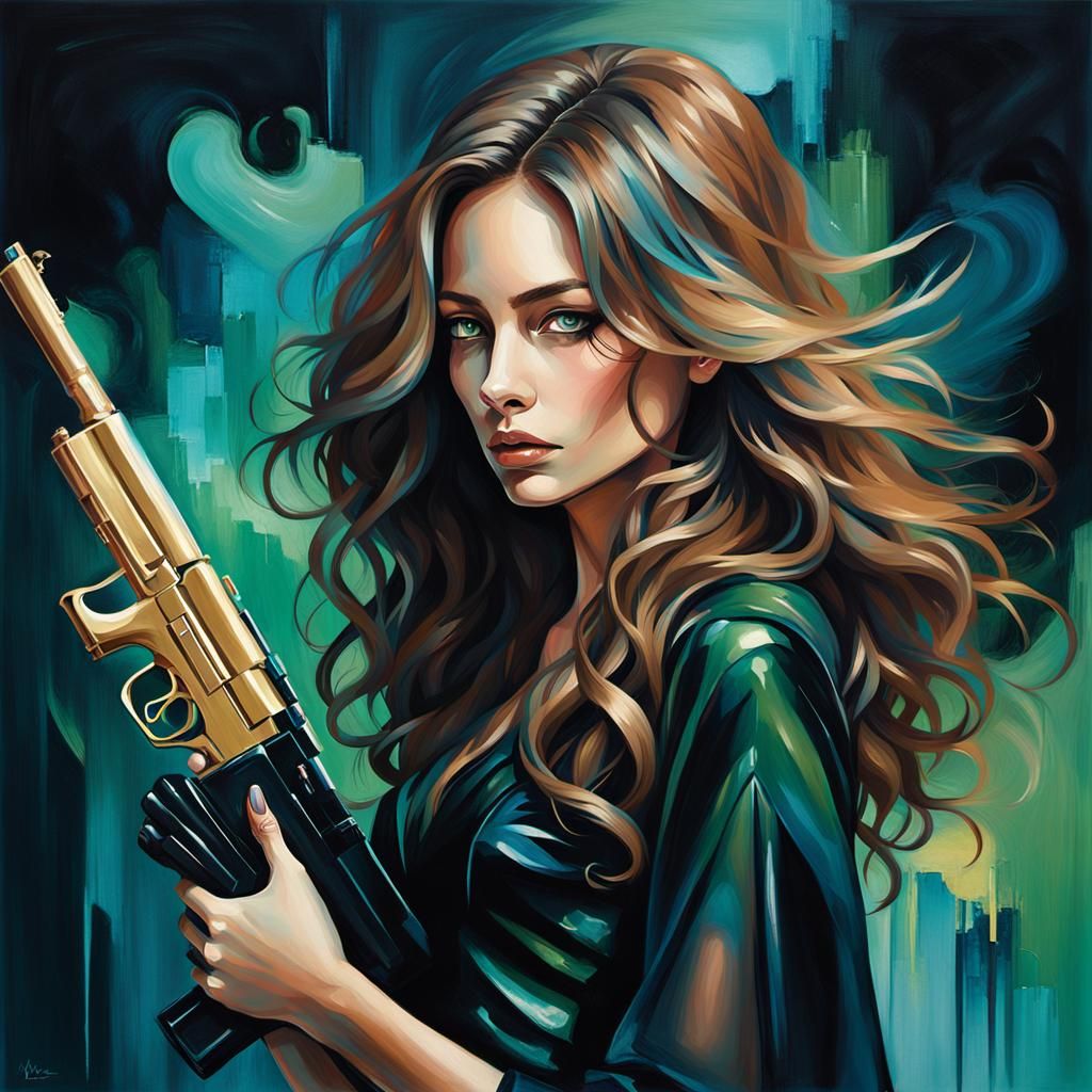 Mysterious Woman with Gun in Abstract Impasto Art