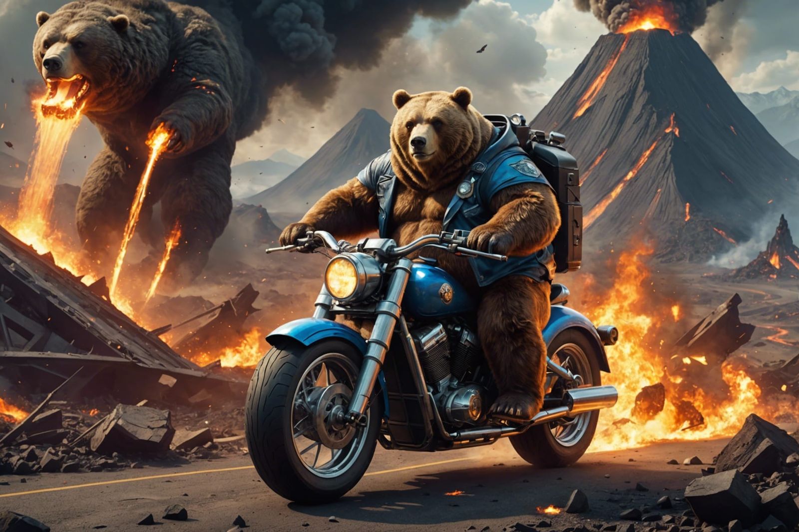 Bear Wizard Rides Motorcycle Through Volcanic Wasteland