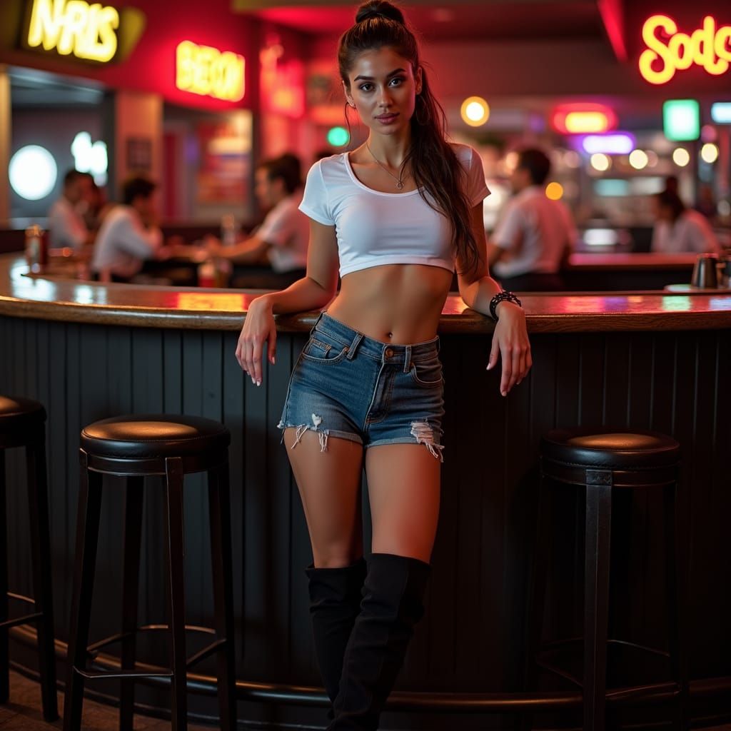 Brunette in Cropped Top at Nightclub Bar