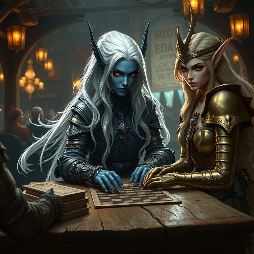 Ethereal Drow Warrior Engages in Epic Shogi Battle