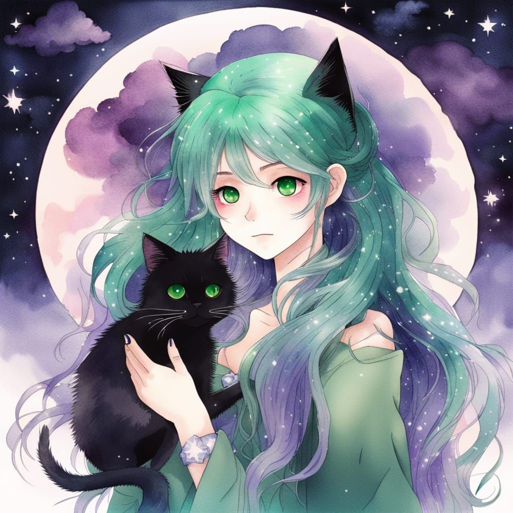 Green-Haired Woman and Black Cat in Anime Watercolor