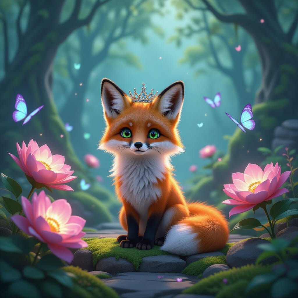 Fox in Luminous Garden Digital Matte Painting