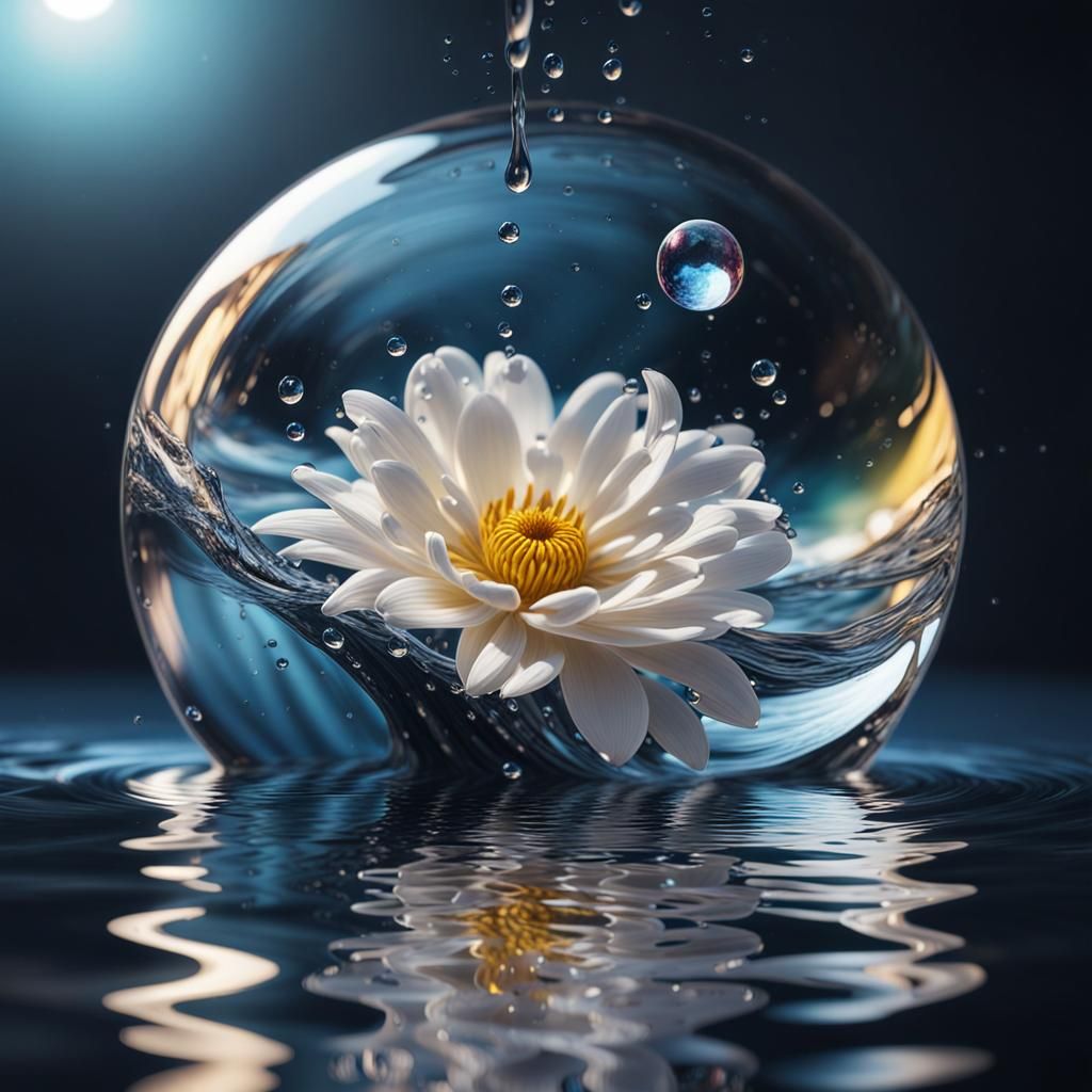 Reflective Water Drop with Magical Moonlight Flowers