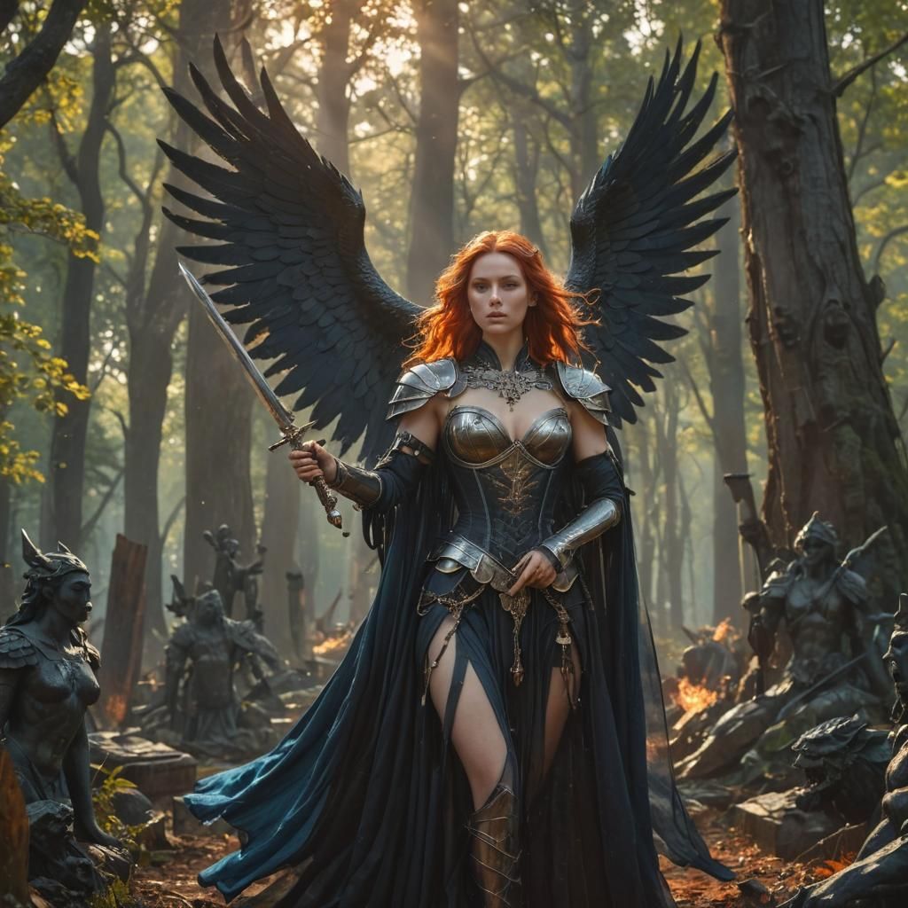 Winged Goddess with Sword in Forest Clearing