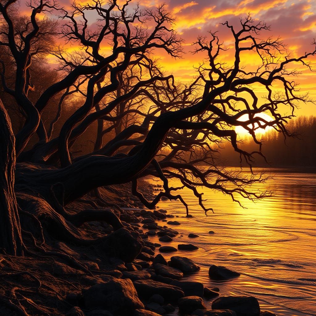 Sunset Riverbank with Twisted Trees in Dark Fantasy Style