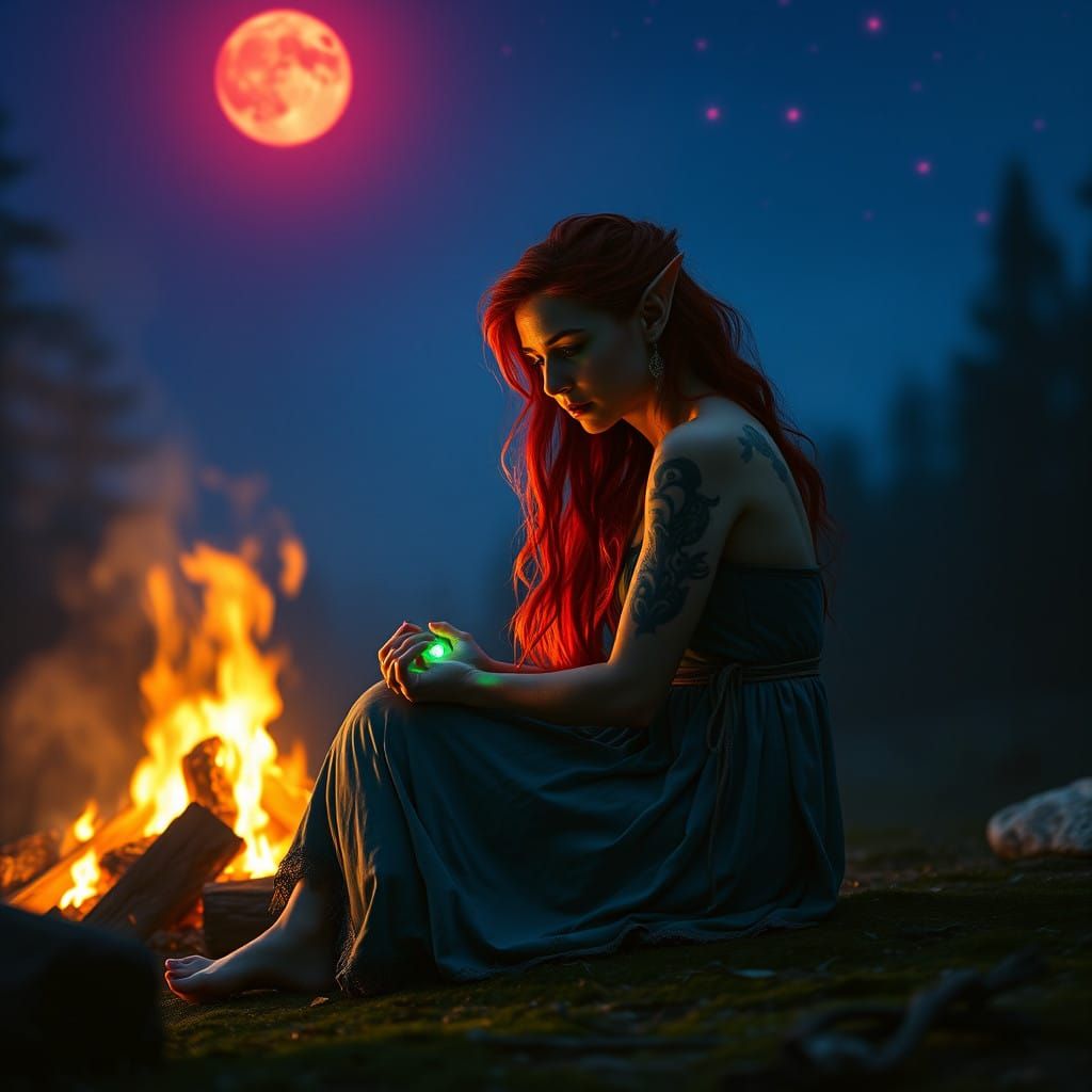 Forest Elf Goddess Under Crimson Moon