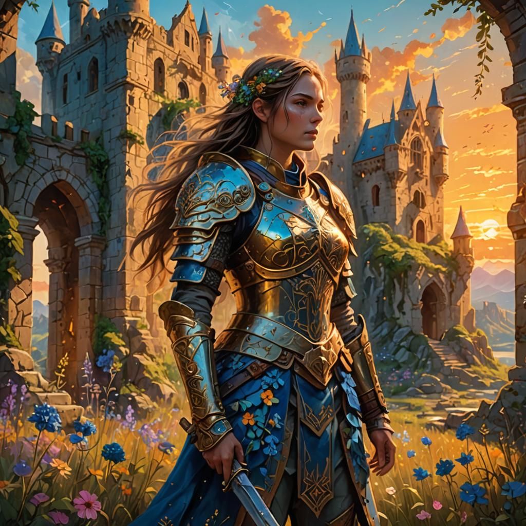 Serene Warrior in Ruined Castle Concept Art