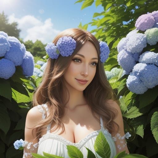 Smiling Woman in Vivid Hydrangea Garden