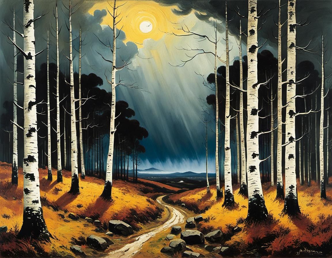 Moorland Storm Approaching with Gnarled Trees, Textured Art