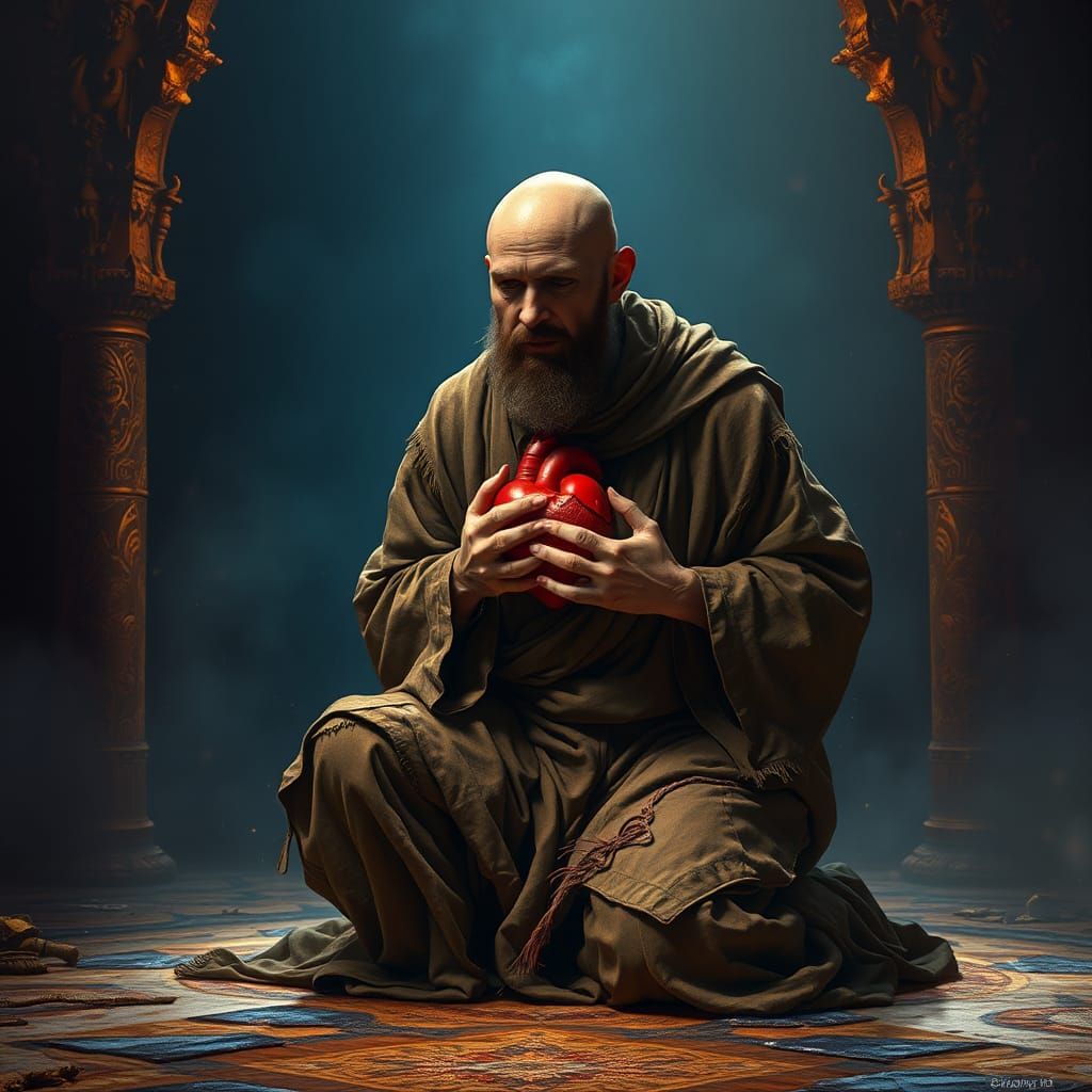 Devotional Monk Offering Heart in Surreal Landscape