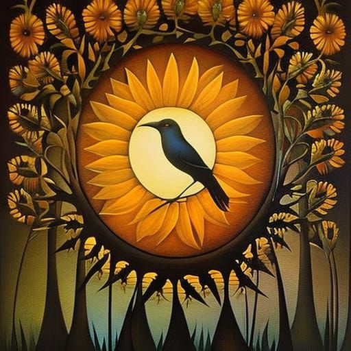 Sunflower and Bird at Sunset: Surreal Illustration