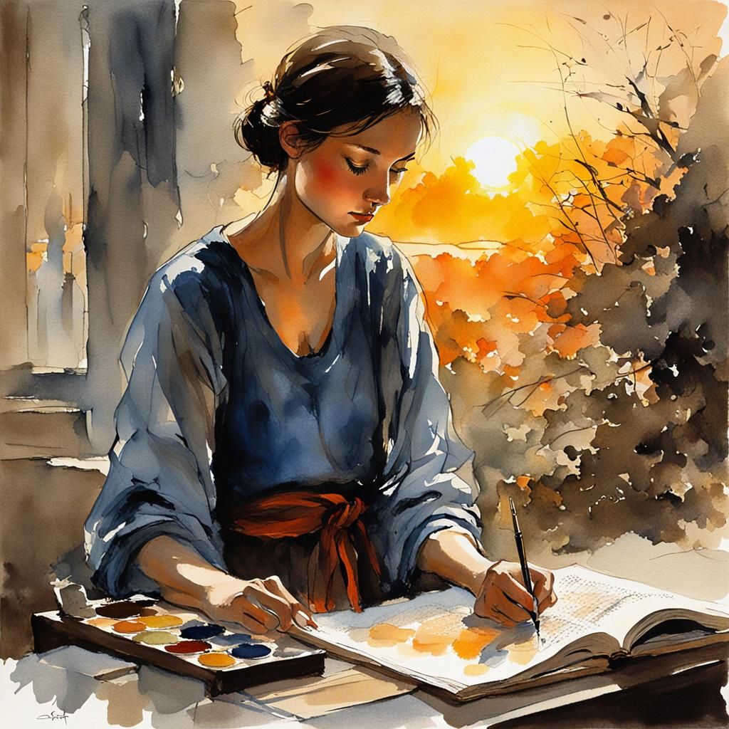 Elegant Young Woman Scribe in Pre-Raphaelite Style