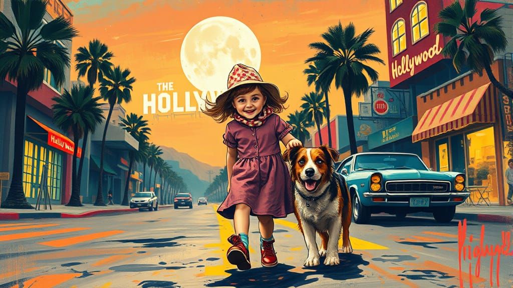 Girl Walks Lassie in Hollywood, Expressive Painting