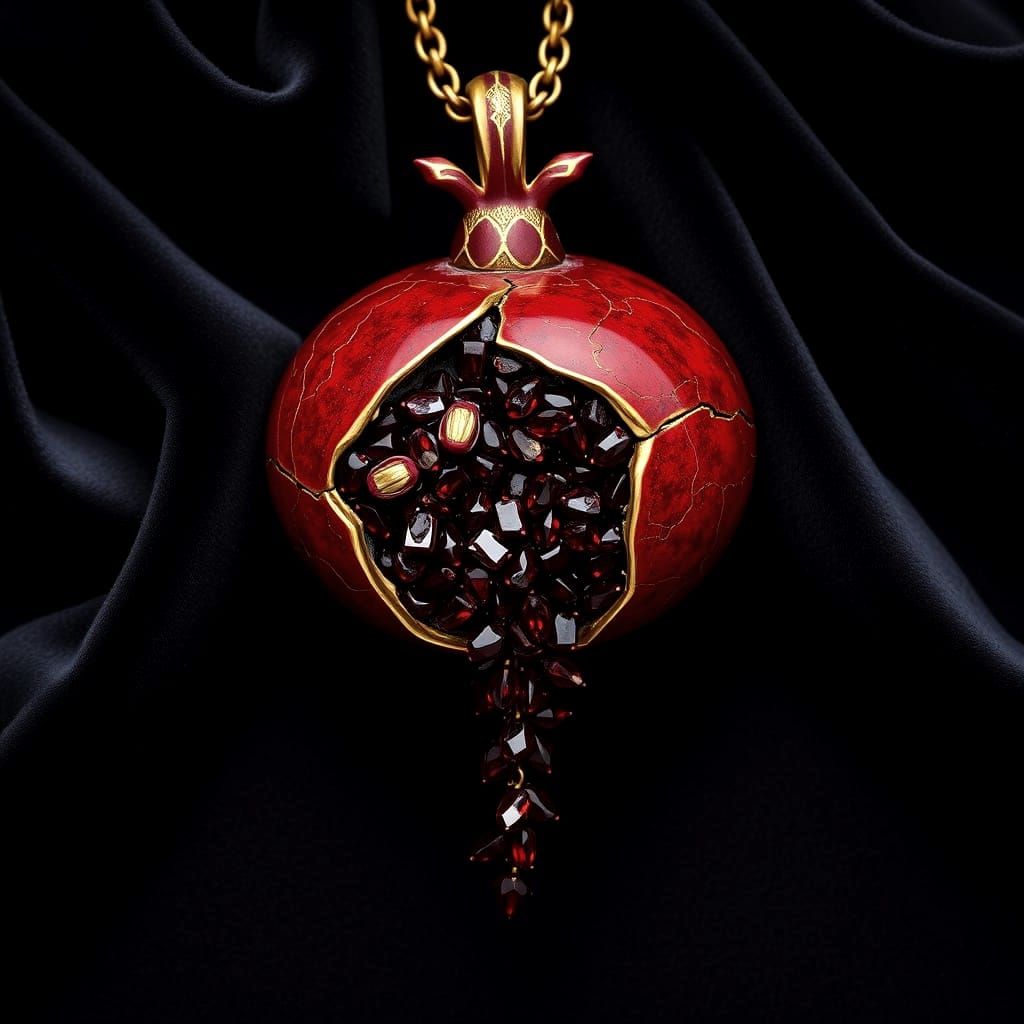 Luxurious Pomegranate Pendant in Gold with Red Enamel and Un...