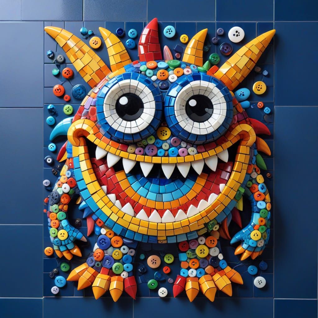 Vibrant Cartoon Monster in a Mosaic of Colorful Buttons