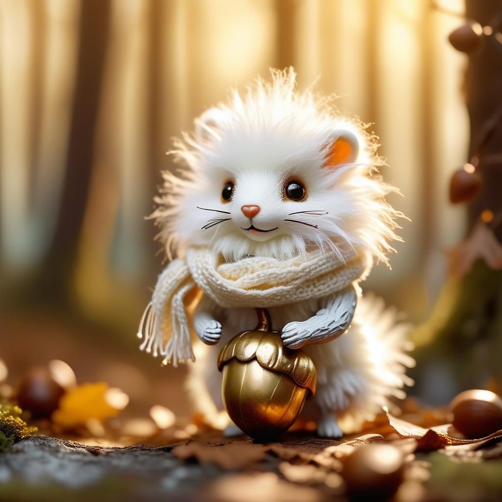 Fluffy Creature Rides Acorn in Enchanted Forest
