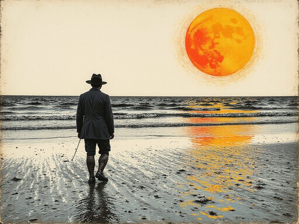 A Moody Woodcut of a Wanderer on Wadden Sea Shores