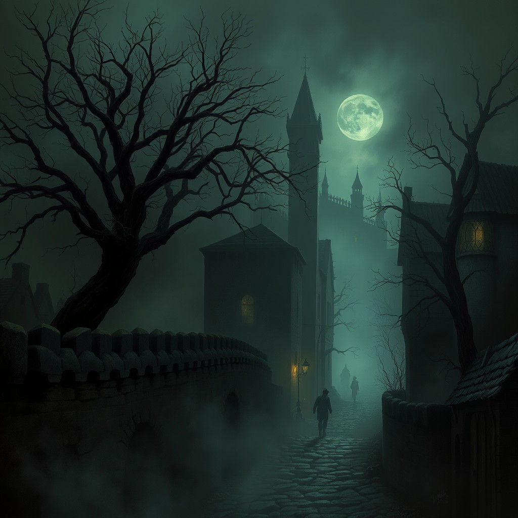 Eerie Town at Night with Demonic Children