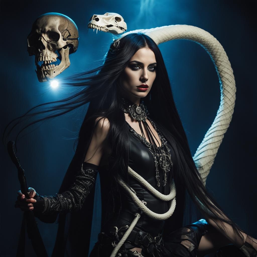 Charon-Inspired Woman with Snake in Dynamic Lighting