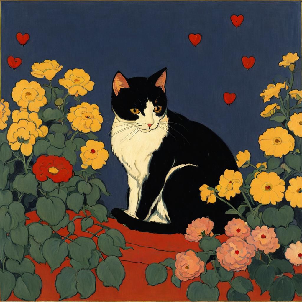Whimsical Woodcut of a Cat Surrounded by Blooming Flowers