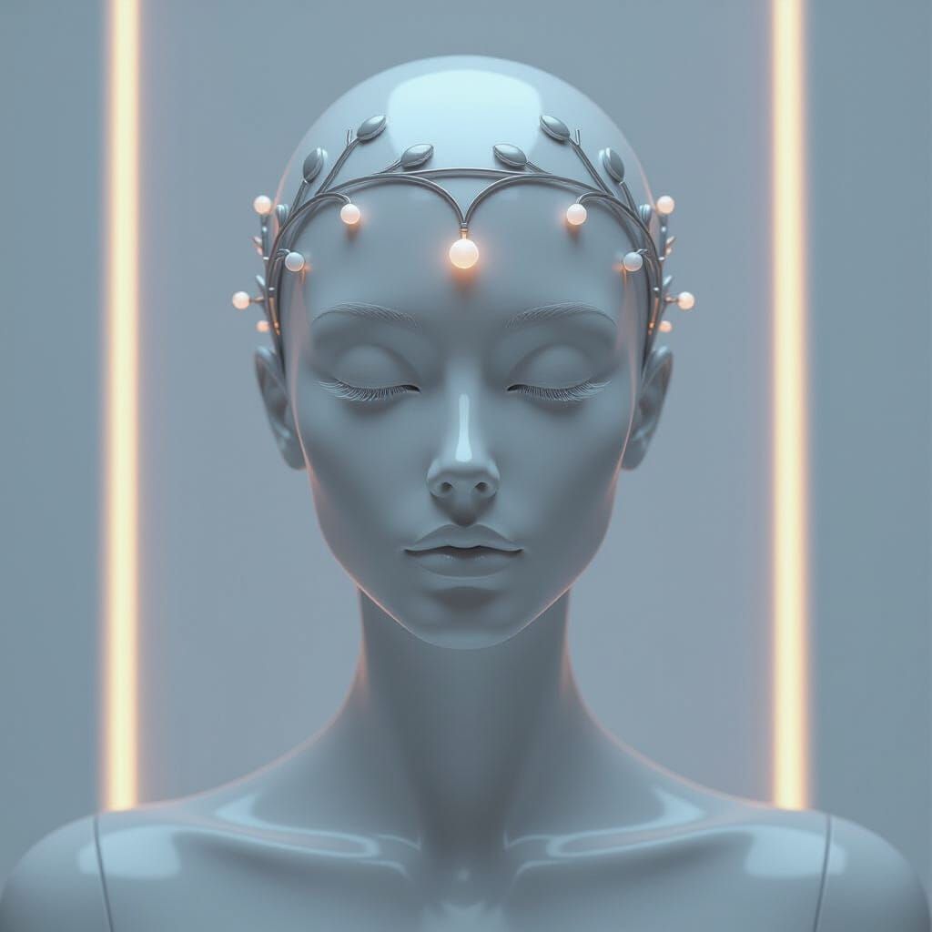 Futuristic Mannequin with Glowing Circlet in Minimalist Styl...