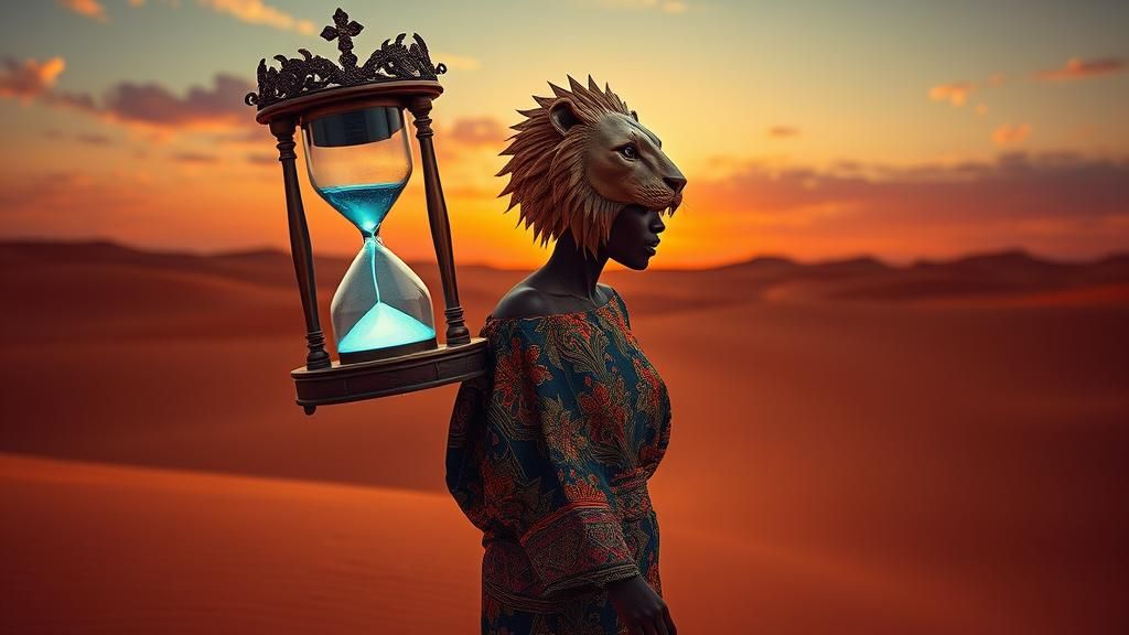 Surreal African Woman with Hourglass in Desert Landscape