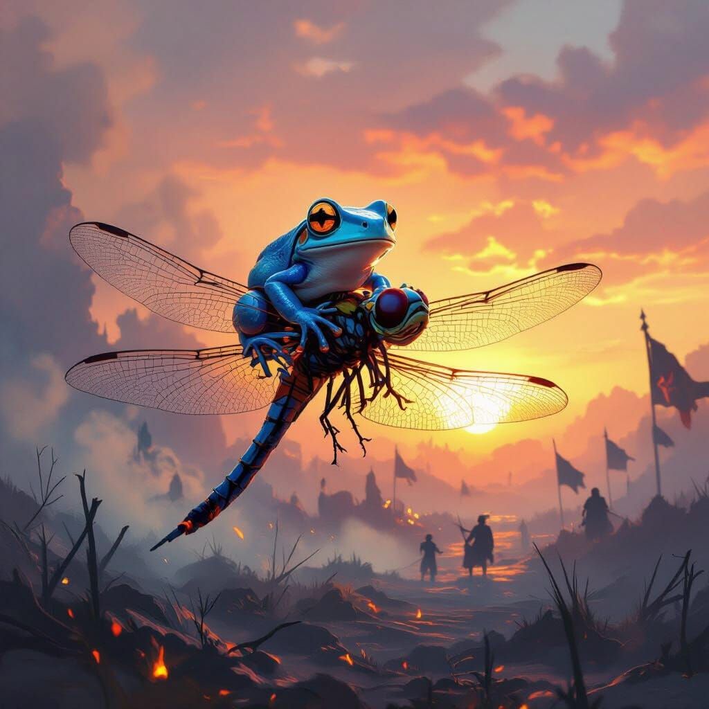 Blue Frog Rides Dragonfly Over Battlefield at Sunrise