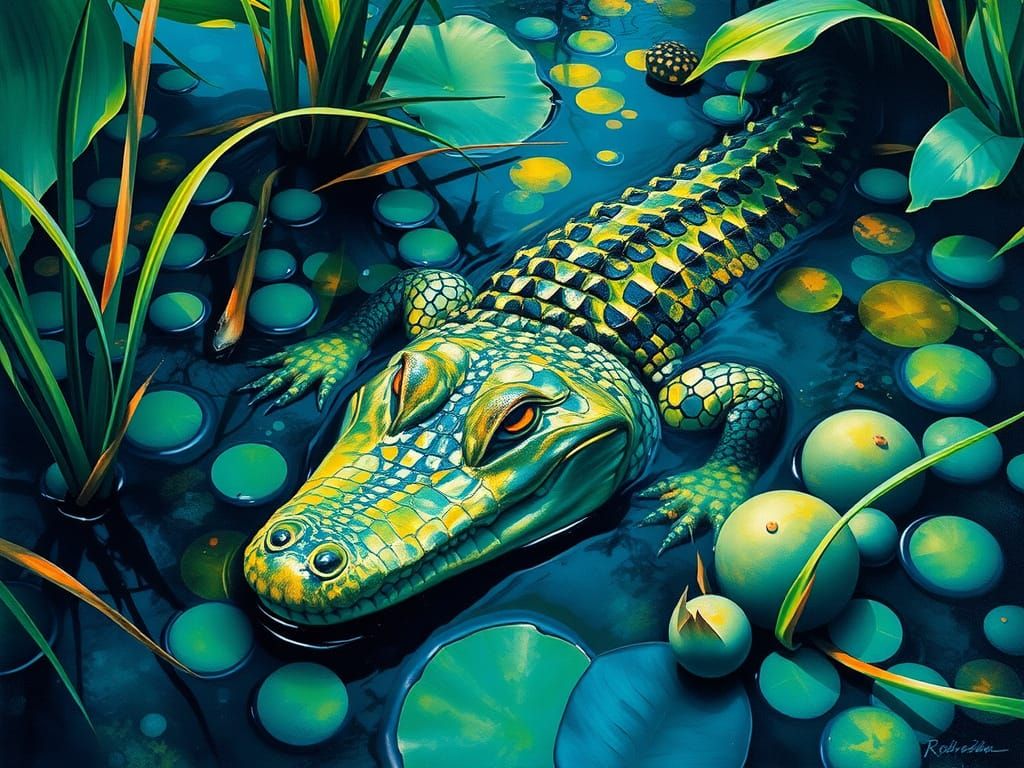 Alligator in Swamp: Gouache Painting with Impasto Strokes