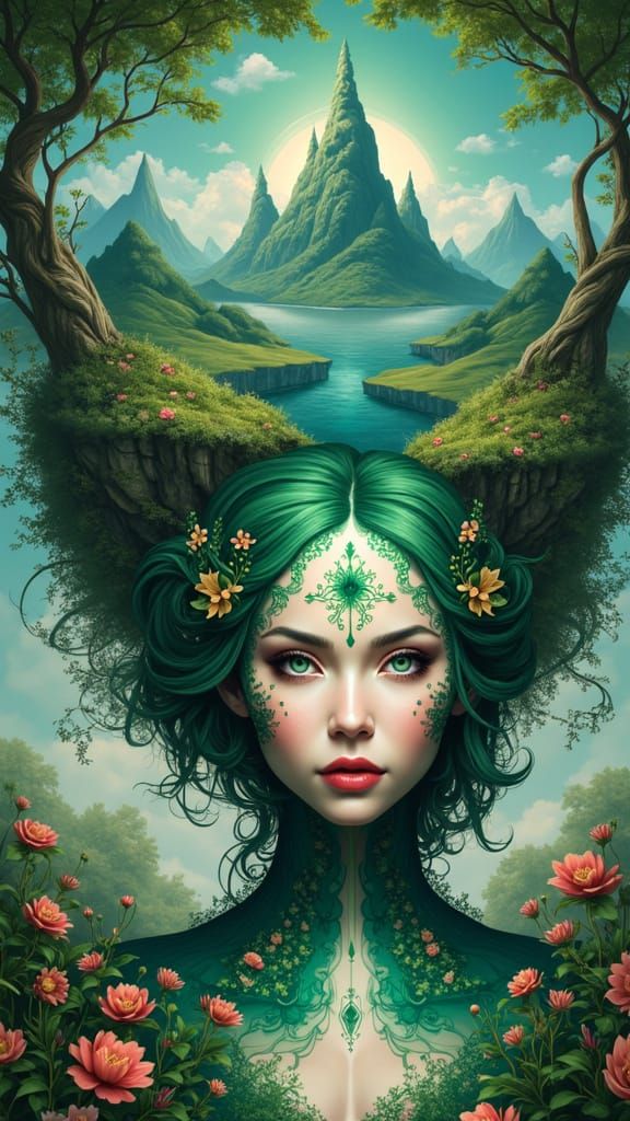 Green Goddess in a Vibrant Floral Landscape