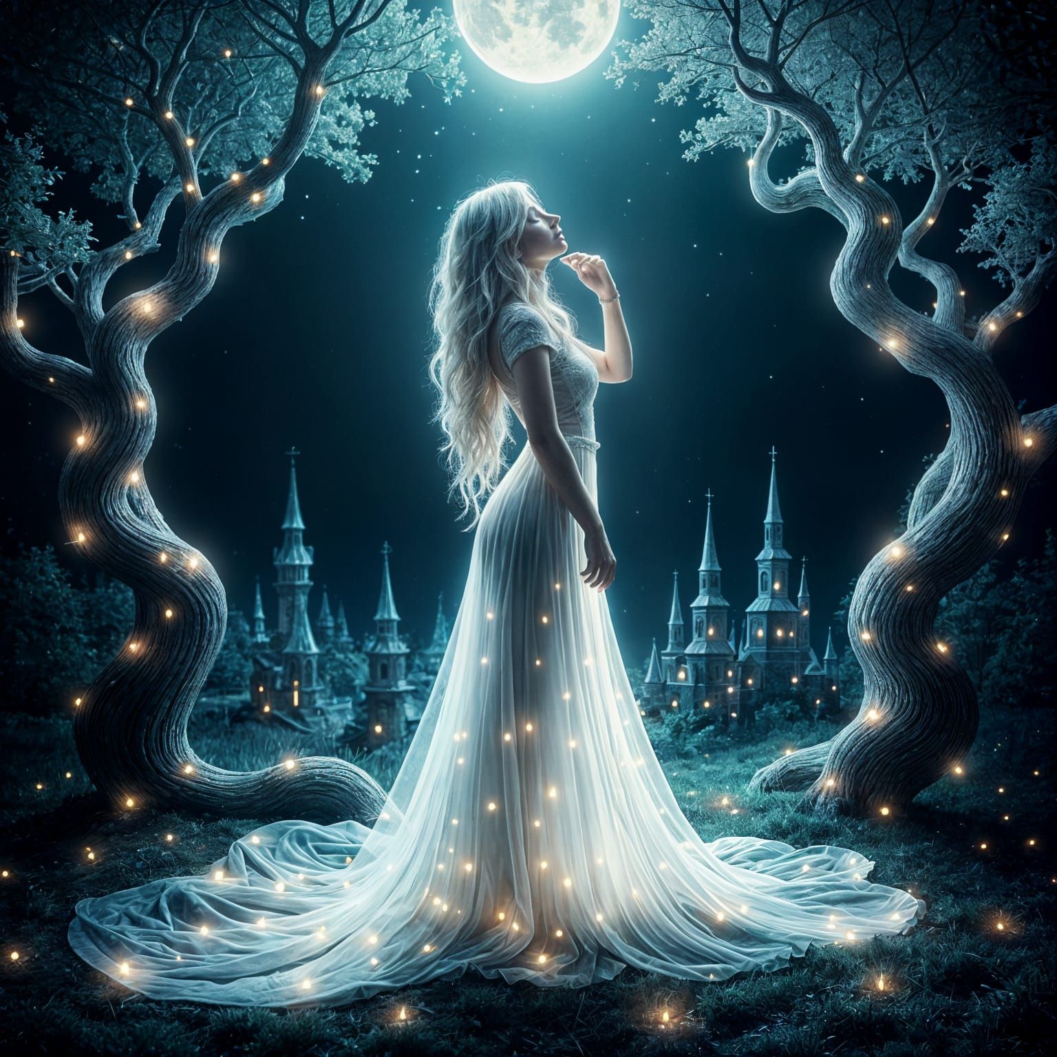 Ethereal Druid Priestess Under Noctilucent Skies