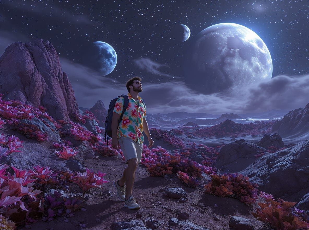 Man in Hawaiian Shirt Explores Alien Planet