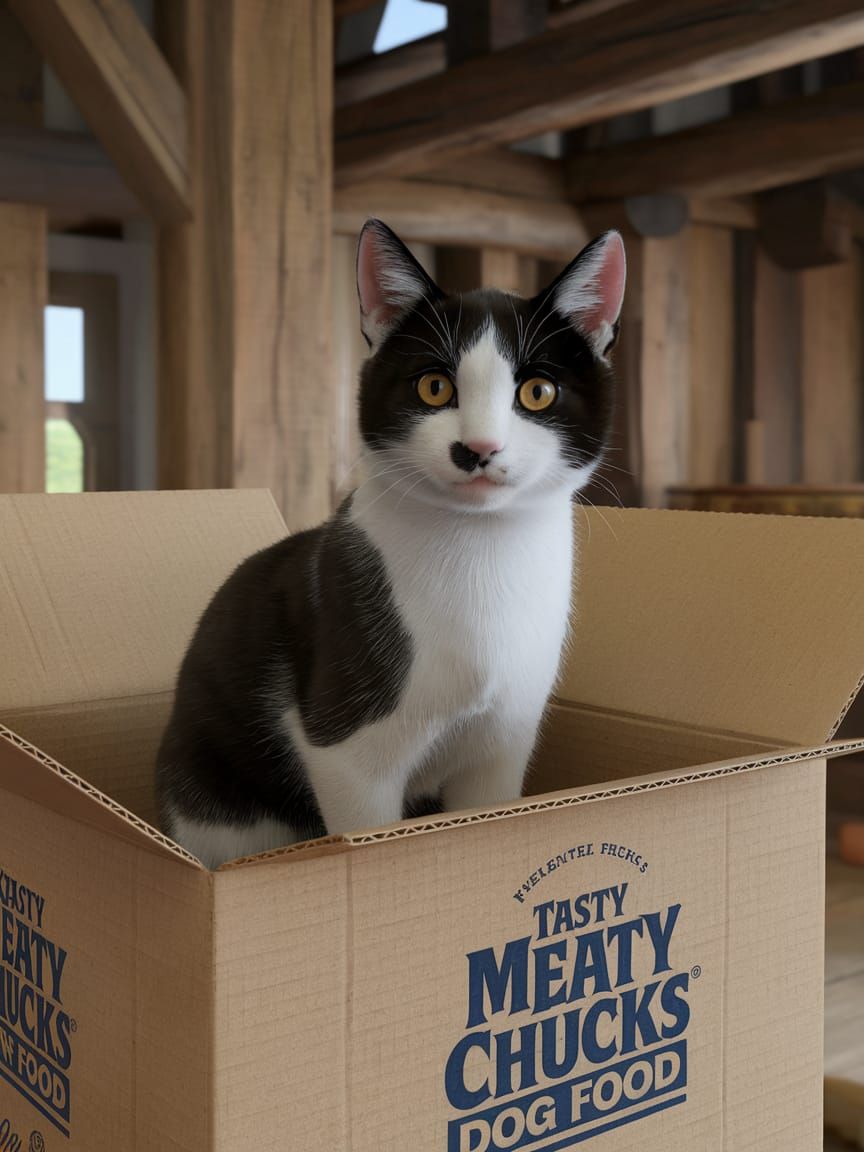 Funny Cat in Dog Food Box: Hyperrealistic Photo