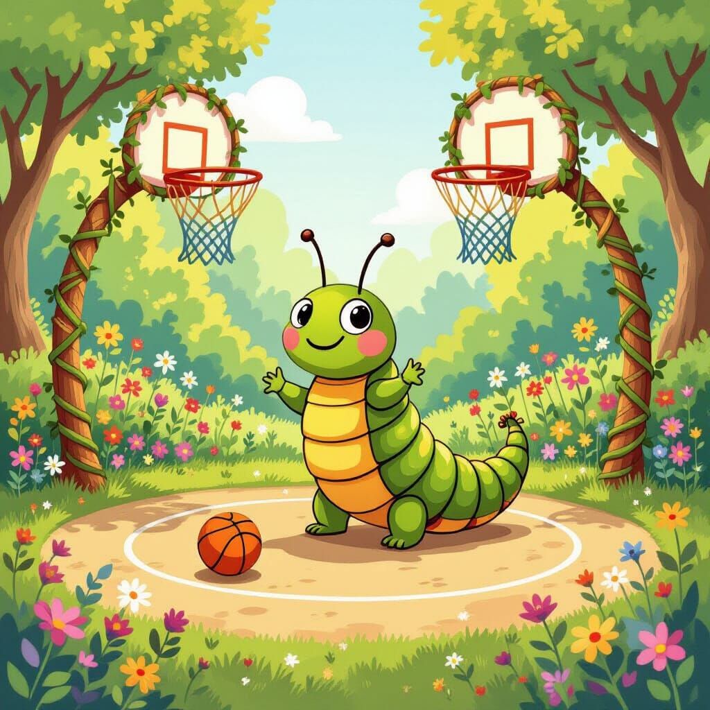 Caterpillar Plays Basketball in Whimsical Garden