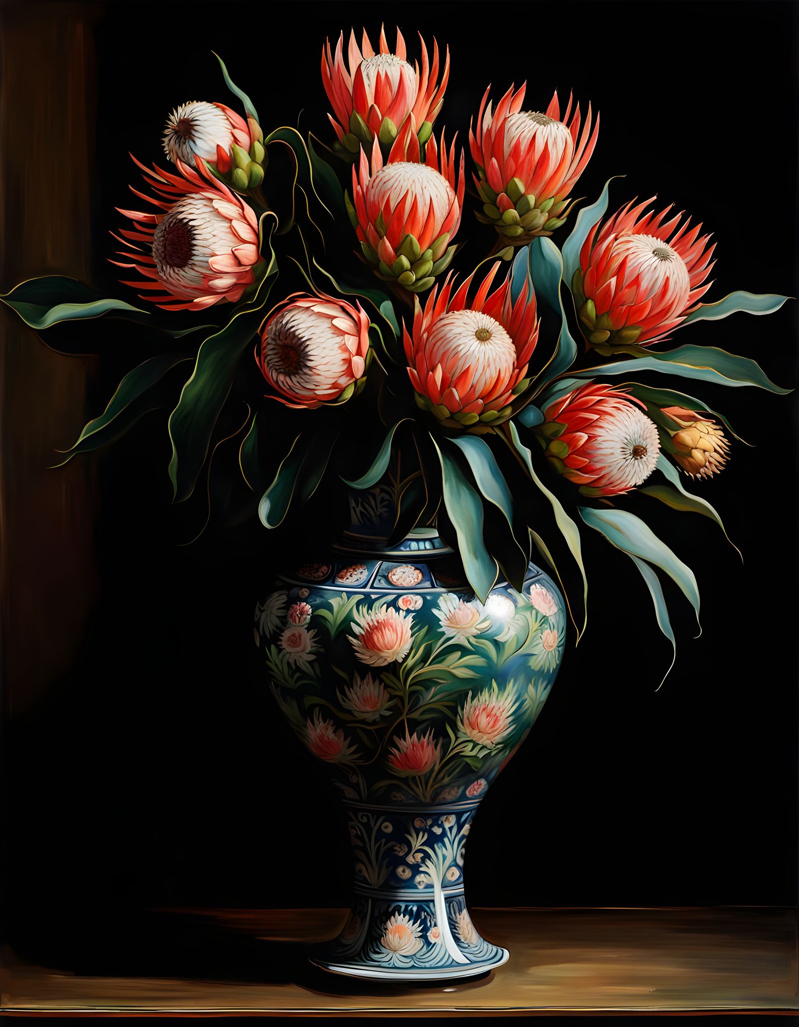 Ming Vase with Proteas in Van Gogh Style