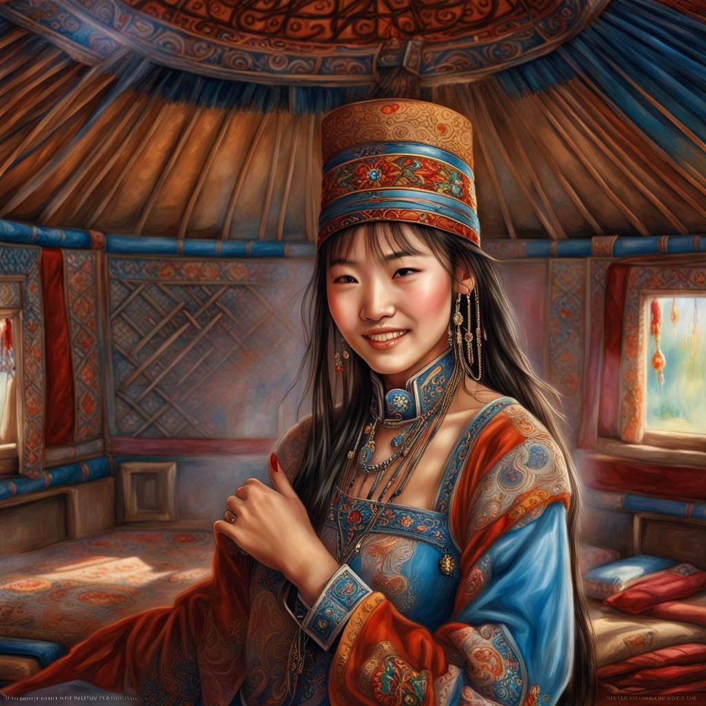 Mongolian young woman wearing an embroidered dress
