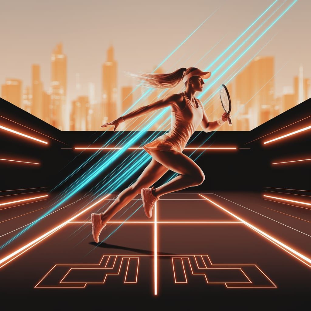 Futuristic Tennis Match Poster in Amber Light