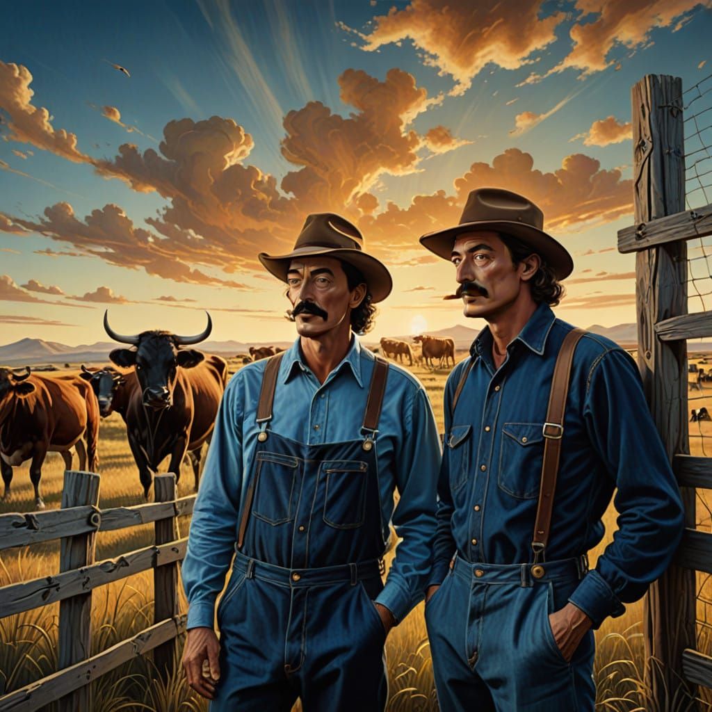 Rugged Farmers in Dreamlike Landscape, Inspired by Surrealis...