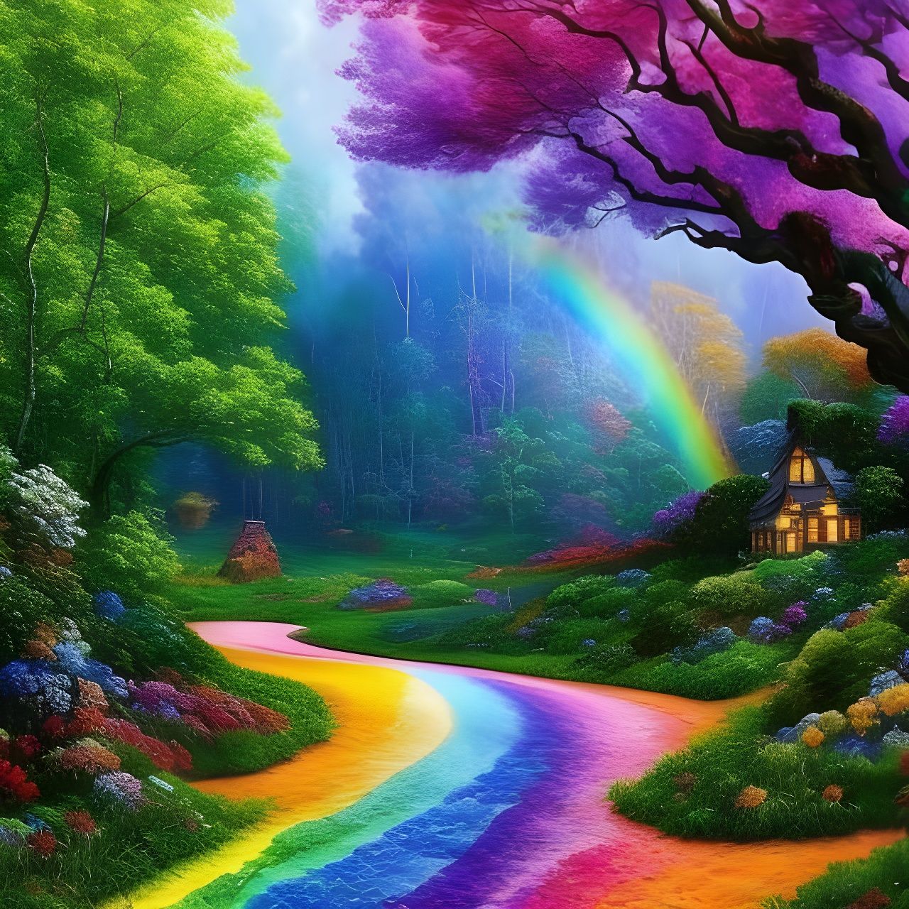 Rainbow Fairy Cottage in Impressionist Style