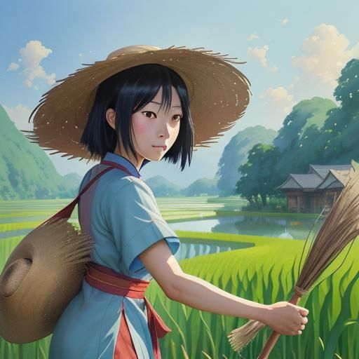 Rice Harvesters: Ghibli-Inspired Anime Gouache Painting