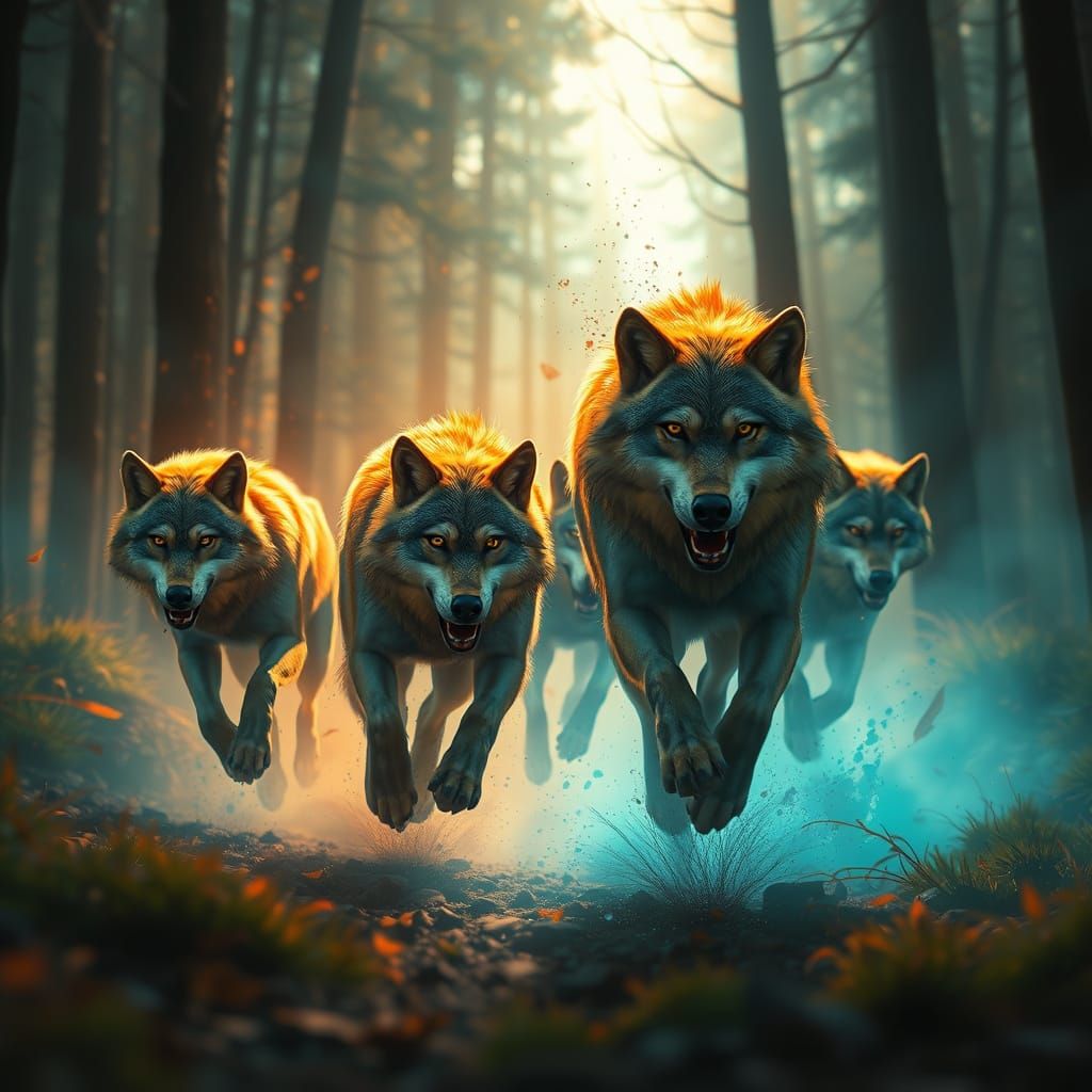 Wolf Pack Running Through Woods, Hyperdetailed Art