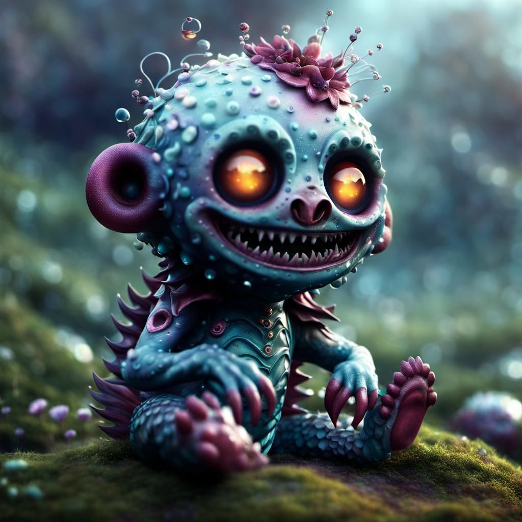 Cheerful Chibi Creature in Ethereal PlagueWave Village