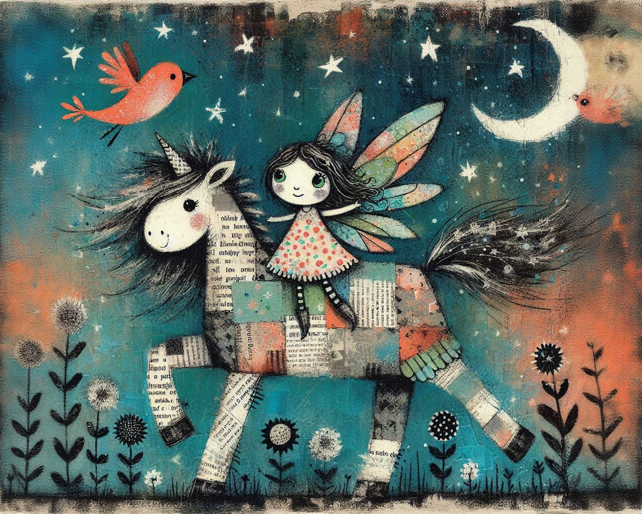 Whimsical Unicorn and Fairy Nighttime Scene