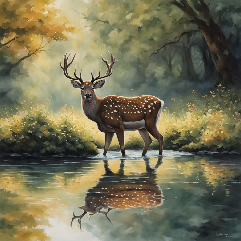 Serene Young Deer in a Lush Watering Hole